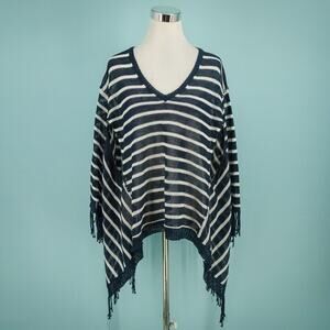 525 America Size XS Small S Blue Stripe Nautical Fringe Linen Poncho Sweater